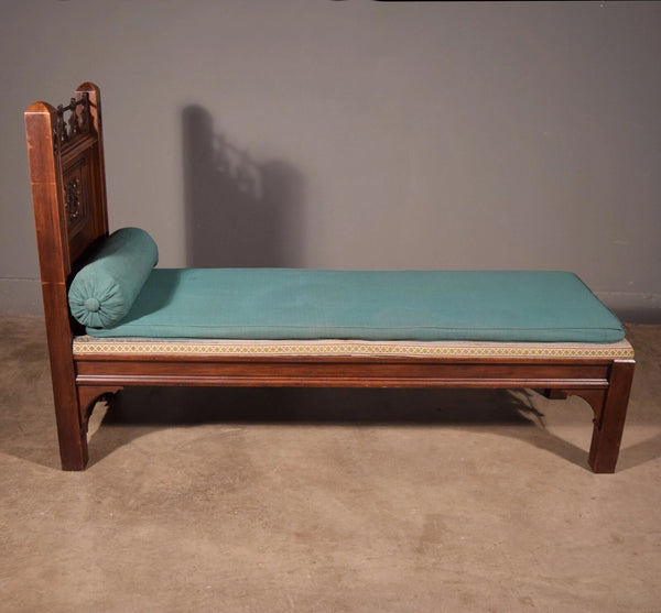 74" Long French Antique Neo Gothic Day Bed Solid Walnut with Green Silk Cushions