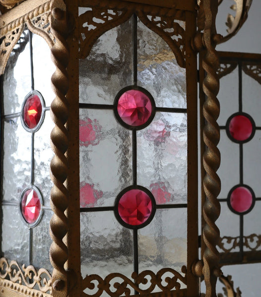 36" Tall XL French Antique Iron and Stained Glass Hanging Chandelier/Lamp