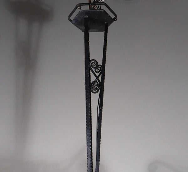 Antique French Art Deco Chandelier with Frosted Glass and Iron by Muller Freres