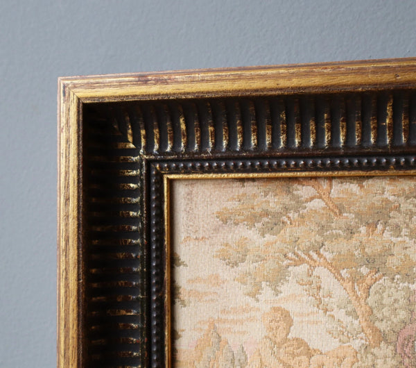 12" Antique French Framed Tapestry of a Courting Scene in Rococo Style