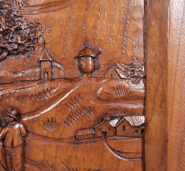 25" Tall Antique French Highly Carved Breton Panel in Solid Chestnut Wood