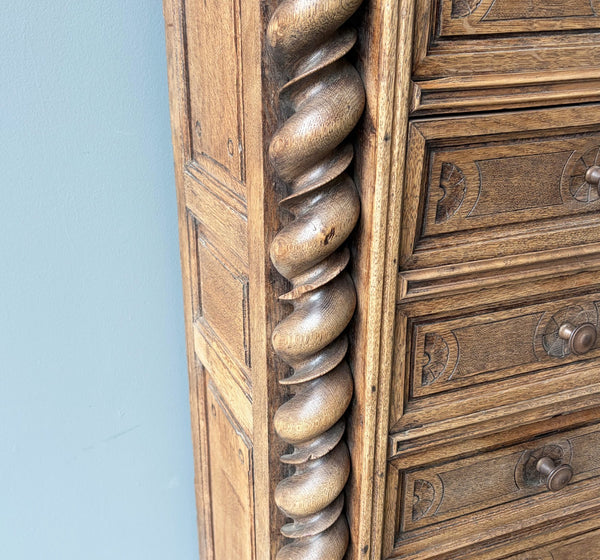 77" Tall Antique French Apothecary Cabinet Solid Oak Carved with Compartments