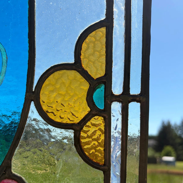 38" Tall Antique French Stained/Leaded Glass Panel w/Griffin and Uranium Glass