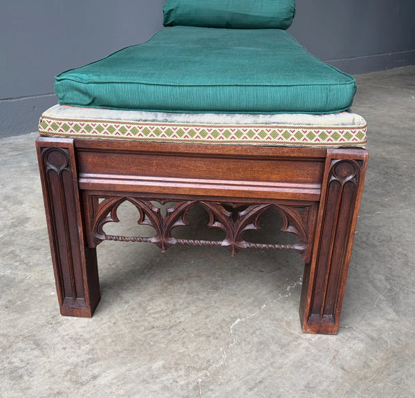 74" Long French Antique Neo Gothic Day Bed Solid Walnut with Green Silk Cushions
