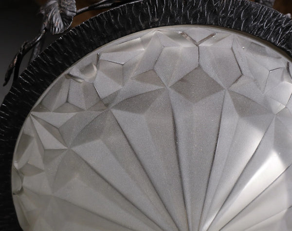 Antique French Art Deco Chandelier with Frosted Glass and Iron Signed by Degué