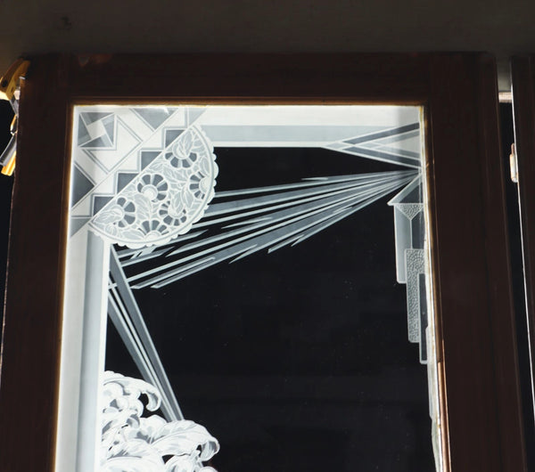 Pair of Antique French Art Deco Etched Glass Doors Frosted Glass w/Pine Frames