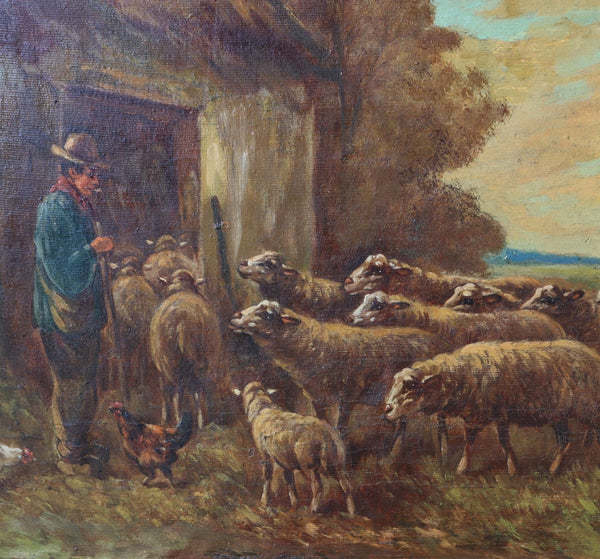 Antique Oil on Canvas Painting of a Farmer & Sheep by Paul Schouten (1860-1922)