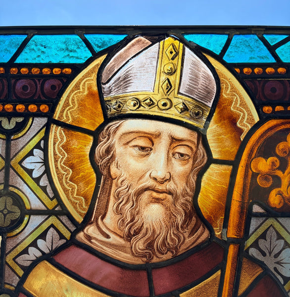 38" Wide Antique Stained/Leaded Glass Panel of Saint Highly Detailed