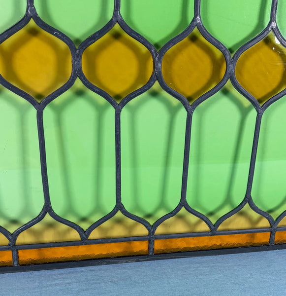 45" Wide French Antique Stained Glass Window Panel with Green & Yellow Glass