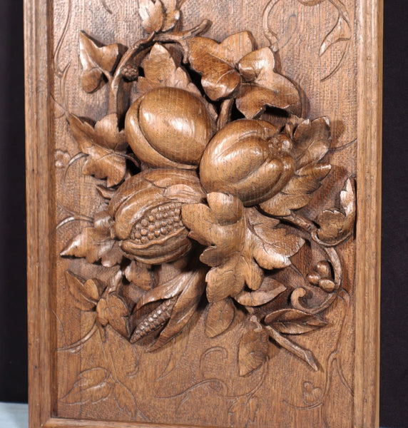 14" Tall French Antique Solid Oak Panel Highly Carved Harvest Theme