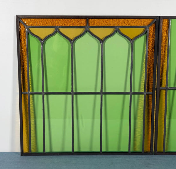 43" Tall Pair of Antique French Stained Glass Window Panels Green & Yellow Glass