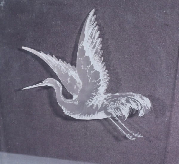 18" Tall Pair of Antique French Etched Glass Windows Frosted Glass with Birds