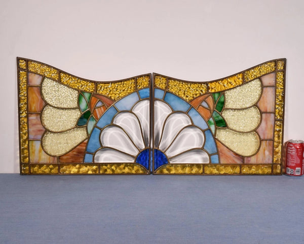 Pair of Vintage French Art Deco Stained Glass Panels with Copper Frames