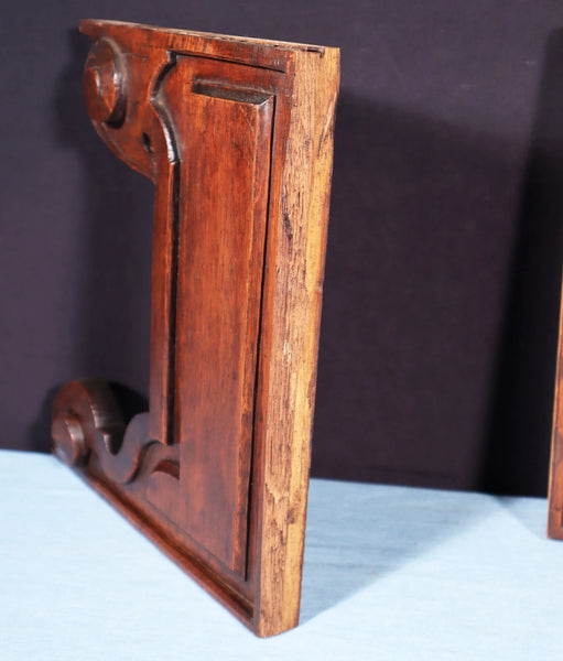 Pair of 11" Tall French Antique Carved Solid Oak Wood Brackets Trim Pieces