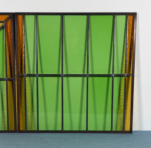 43" Tall Pair of Antique French Stained Glass Window Panels Green & Yellow Glass