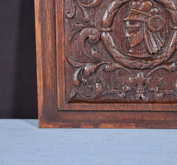 Antique French Solid Oak Highly Carved Panel with Portrait Carving Late 1800's