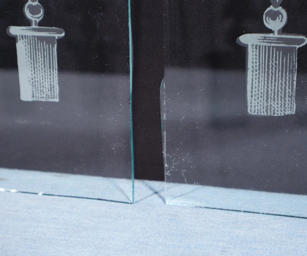 19" Wide Pair of Antique French Etched Glass Windows With Curtains and Tassels