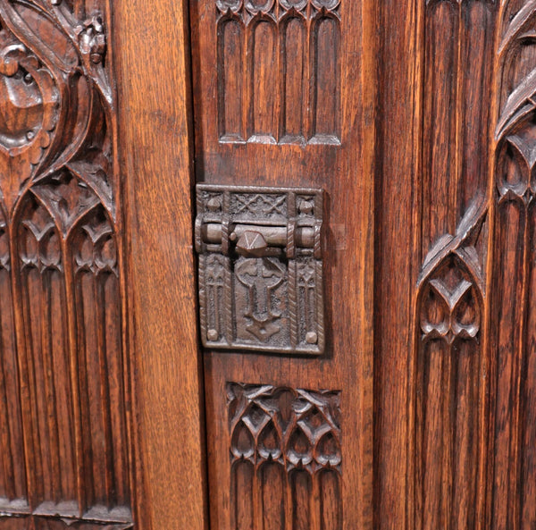 63" Tall Antique French Gothic Revival Cabinet Highly Carved in Solid Oak Wood