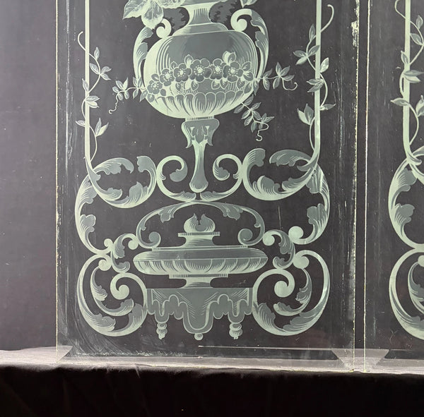 47" Tall Pair of Antique French Etched Beveled Glass Windows Frosted Glass