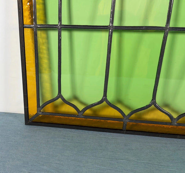 39" Wide Antique French Stained Glass Window Panel with Green & Yellow Glass