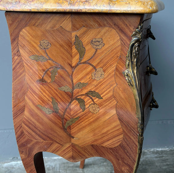 Pair of 30" Tall Antique French Louis XV Inlayed Nightstands with Marble Tops