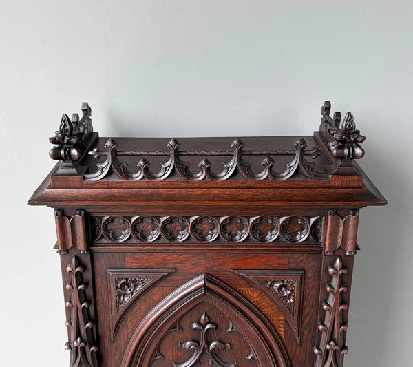 67" Tall French Antique Gothic Cabinet in Solid Oak Highly Carved Wood