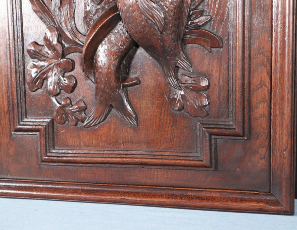 24" Tall French Antique Solid Oak Panel Highly Carved Hunting Theme with Fish