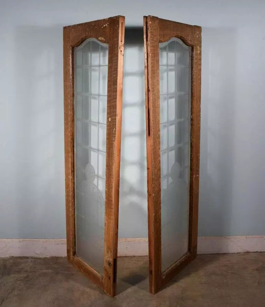 75" Tall Pair of Antique French Etched Glass Windows Frosted Glass Salvage