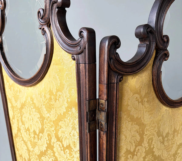 61" Tall Antique French Louis XV Rococo Tri-Fold Screen with Beveled Glass