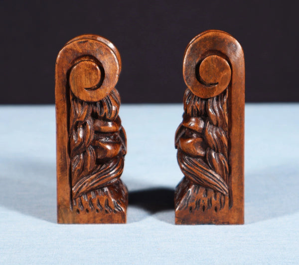 Pair of 3" Tall French Antique Highly Carved Heads in Solid Walnut Wood Trim