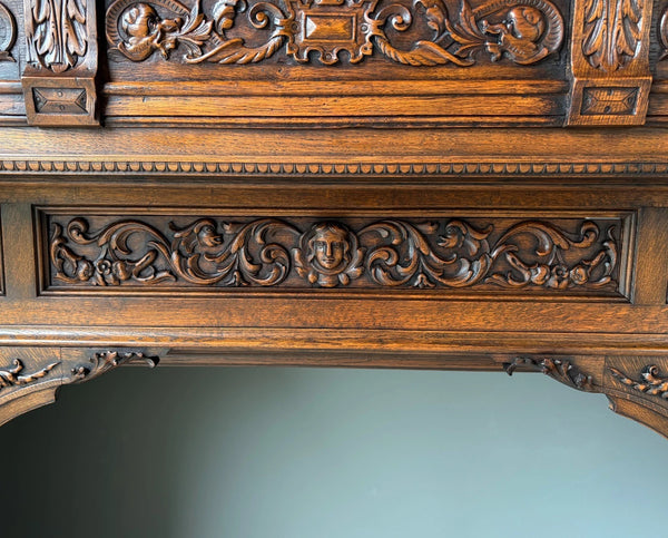 XL Vintage Renaissance Revival Oak Fireplace Surround/Mantel w/Carved Figures