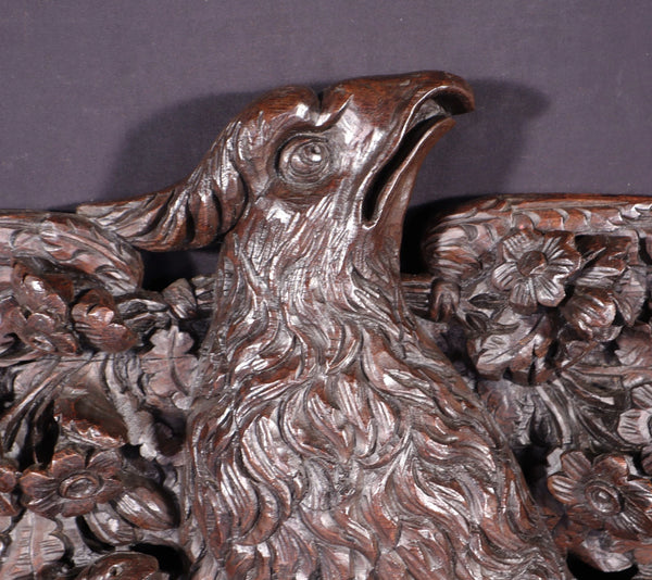 62" Wide XL Antique French Solid Oak Wood Highly Carved Crest with Bird