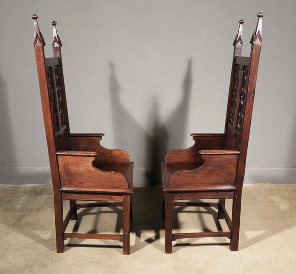 Large Pair of Antique Gothic Arm/Throne Chairs Solid Chestnut Hand Carved Wood