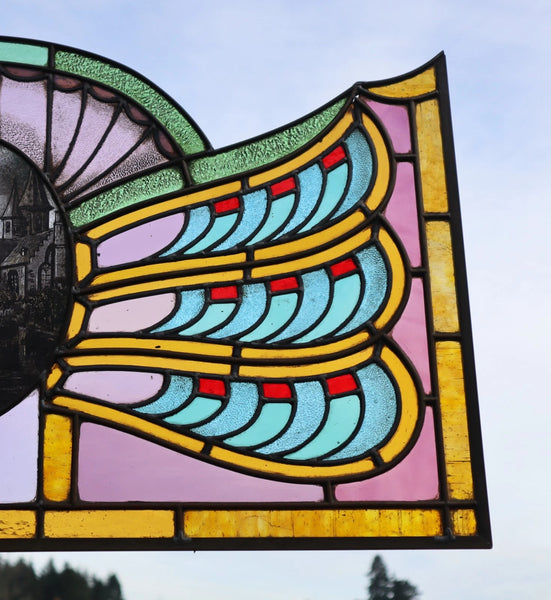 36" Wide Antique French Art Deco Stained Glass Panel of Bruges w/Copper Frame