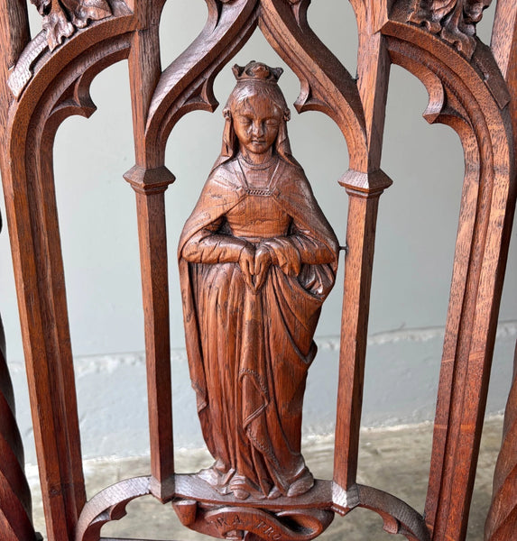 Antique French Solid Oak Wood Church Prie Dieu/Kneeler Christian Highly Carved