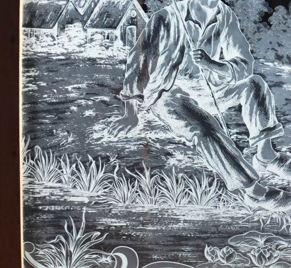 37" Tall Antique French Etched Glass Window with Rural Scene Man by the Water