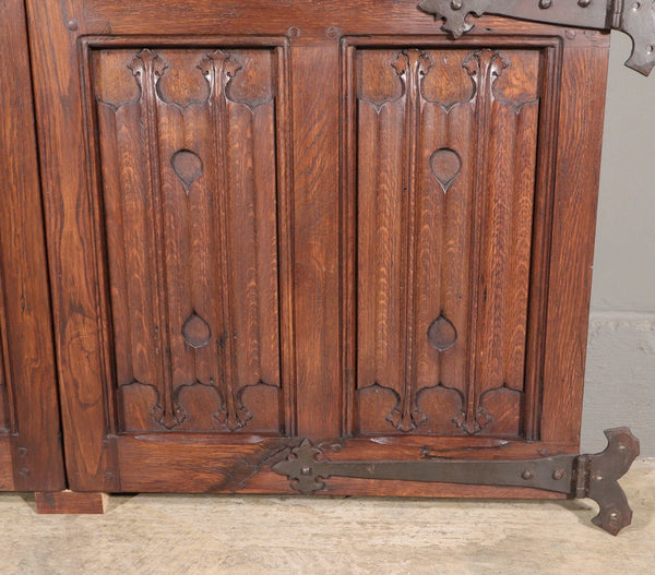 Pair of French Antique Neo Gothic Cabinet Doors in Oak Wood Linen Fold Carvings