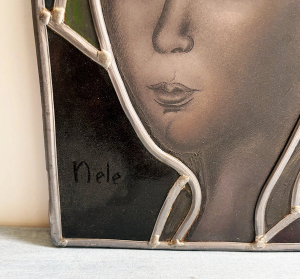 12" Tall Vintage Belgian/Flanders Stained/Leaded Glass Panel of Nele