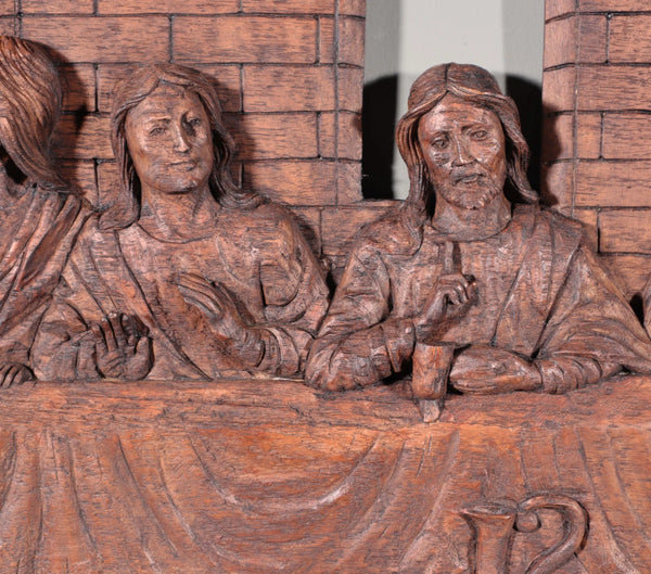 Large Vintage Highly Carved Panel of Jesus and 12 Disciples "The Last Supper"