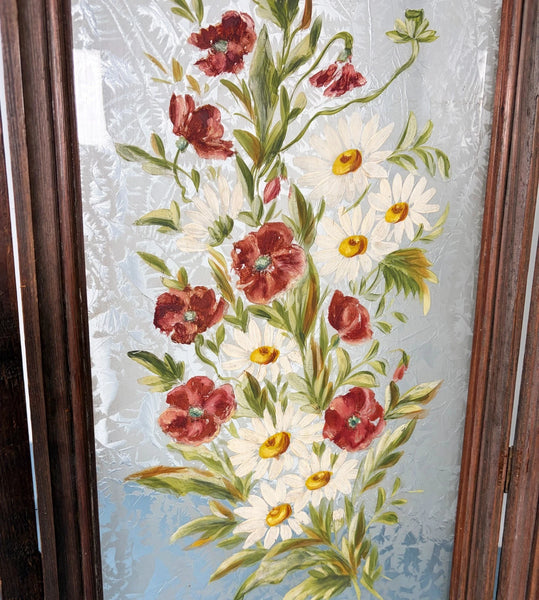 21" Tall Antique French Hand Painted Folding Glass Screen with Flowers