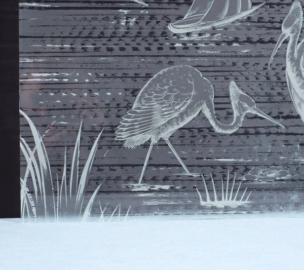 25" Tall Antique French Etched Glass Window Frosted Glass with Herons/Birds