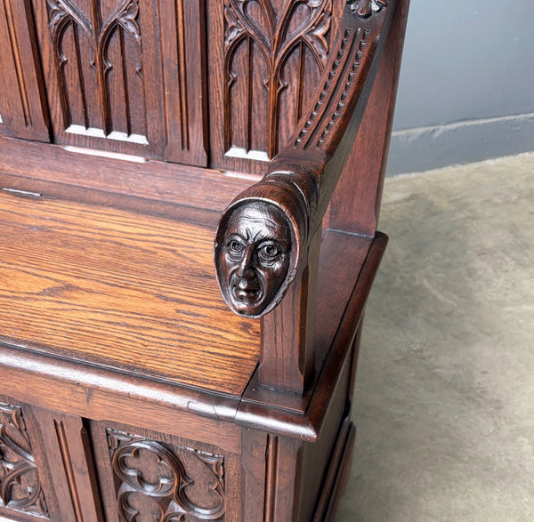 Antique French Gothic Revival Oak Wood Bench/Settee/Chair Highly Carved