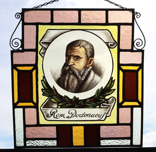 13" Tall Antique French Stained/Leaded Glass Panel w/ Portrait Rembert Dodoens