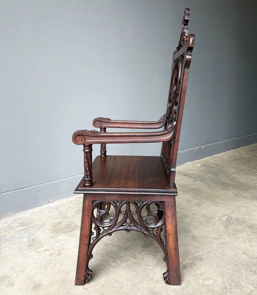 French Antique Gothic Revival Walnut Arm Chair Carved Wood Desk Chair