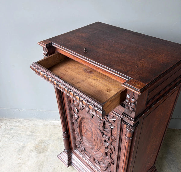 French Antique Solid Oak Wood Cabinet with Highly Carved Virgin Mary Door