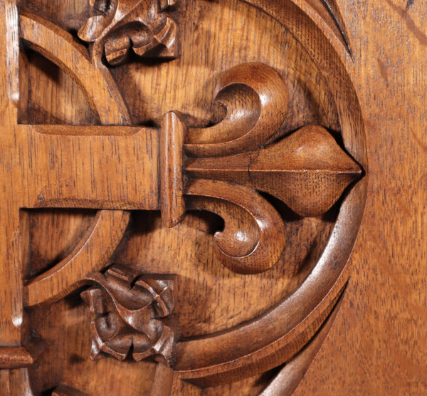 Antique French Gothic Revival Panel Carved Solid Oak Wood Salvage Christian