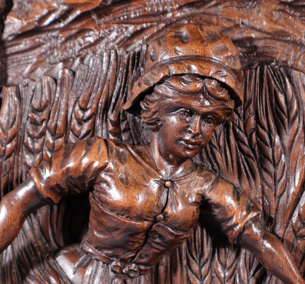 Antique French Solid Walnut Wood Highly Carved Panel w/Woman Harvesting Wheat