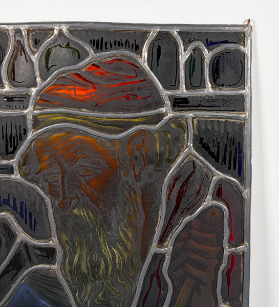 13" Tall Vintage Belgian Stained/Leaded Glass Panel Of an Alchemist by AR 1956