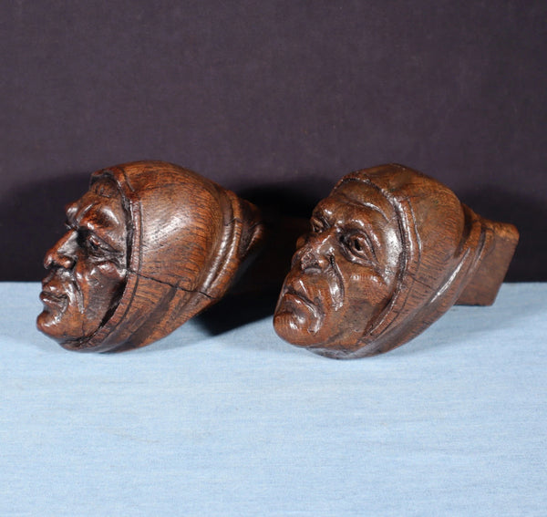 Pair of 4" Tall French Antique Highly Carved Heads in Solid Oak Wood Trim Pieces