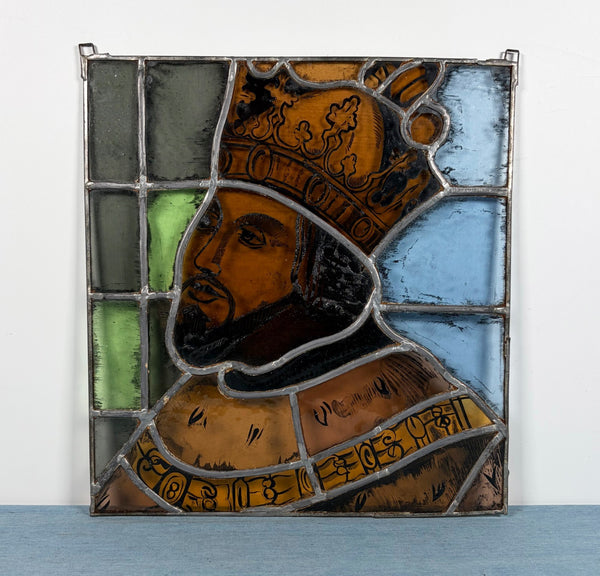 15" Tall Vintage French Stained/Leaded Glass Panel Of Charles the Great